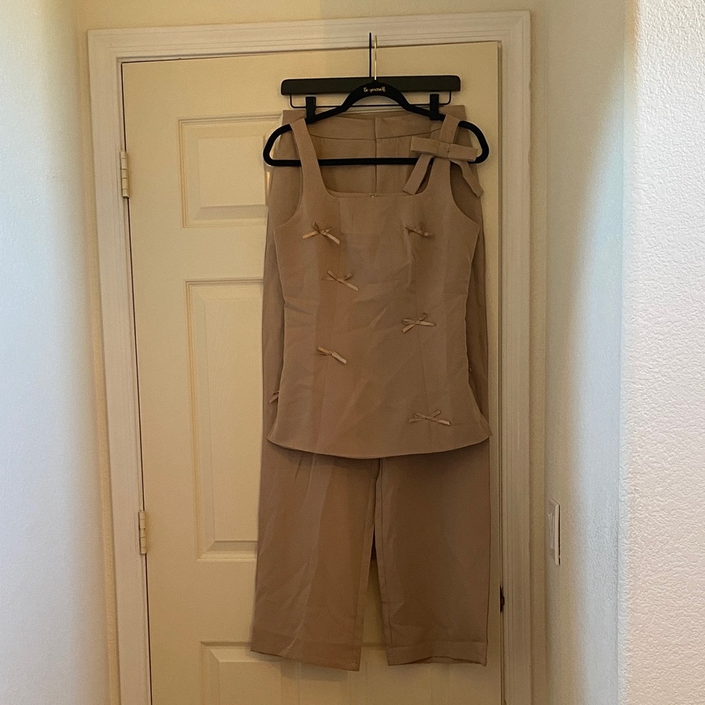 BRAND NEW RIVIR Tan Bow Top and Pants Set